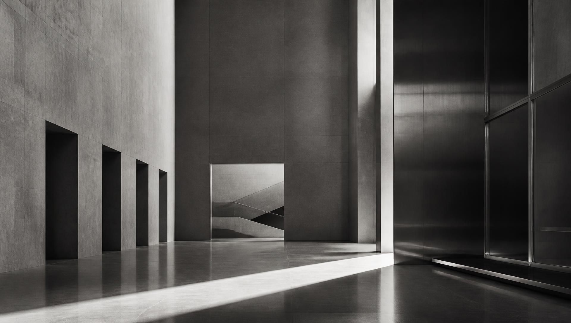 Interior monumental vazio em preto e branco, com um único feixe de luz cortando o piso de pedra
